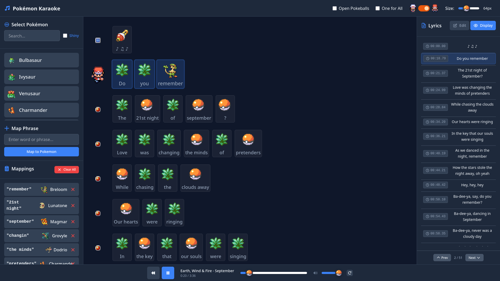 Pokeraoke - Pokemon sprite karaoke interface with lyrics and sprites