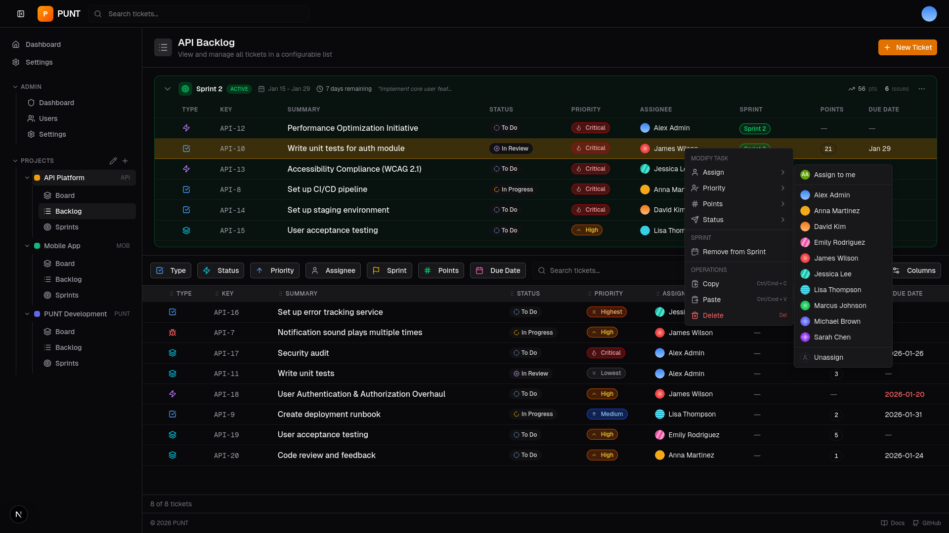 PUNT - Kanban board interface showing tickets organized in columns